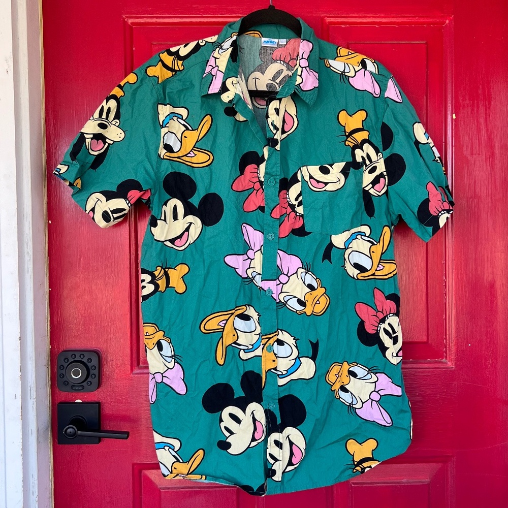 Disney Teal Button-Down Shirt with Mickey, Minnie, Donald, Daisy Faces